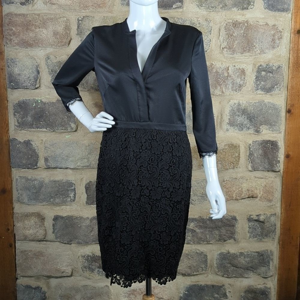 Pure Navy Black Satin Lace Sheath Dress Split Neck 3/4 Sleeve Size 6 LBD Classic